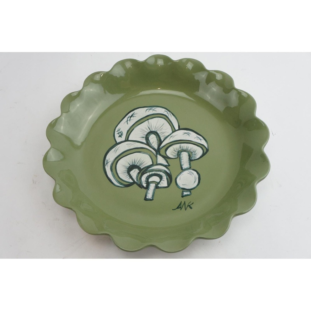 ANK Ceramic Pie Dish 10.5in Green Mushroom Hand Painted 1983 Excellent